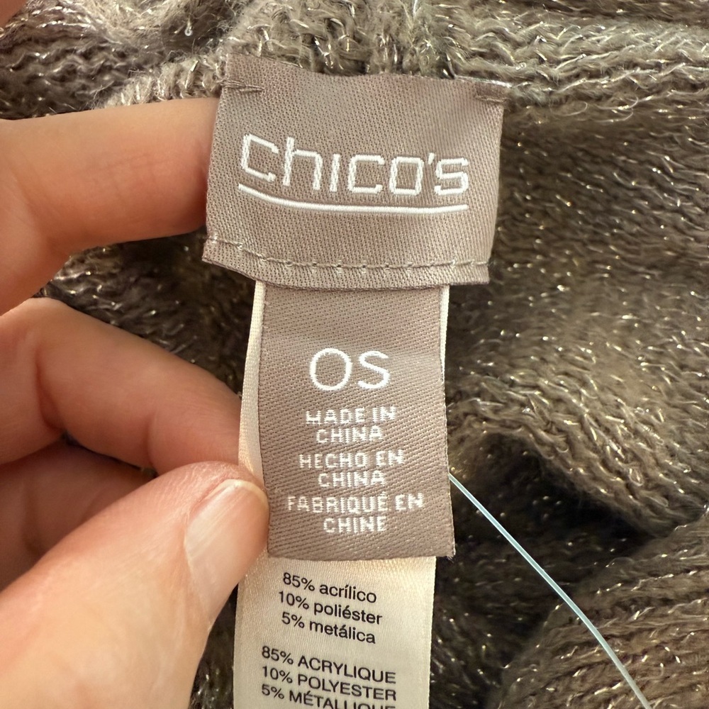 Chico’s Cowl Neck Fringed Triangle Metallic Taupe Poncho One Size NWT - Picture 5 of 7